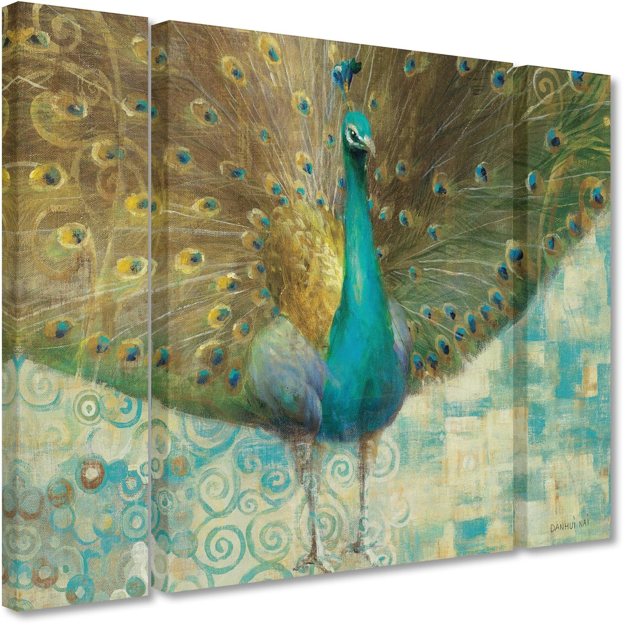 Trademark Fine Art "Teal Peacock on Gold" Canvas Art by Danhui Nai Three Panel Set
