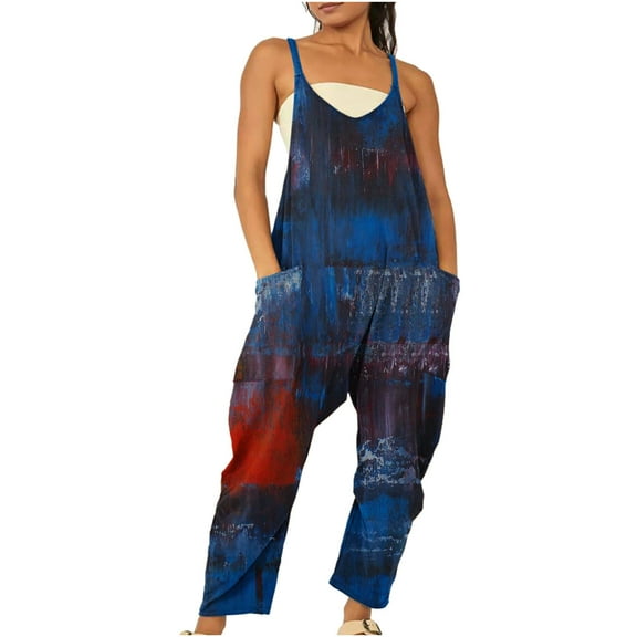 Summer Saving Wycnly Womens Jumpsuits Loose Baggy Wide Leg Fashion Cami Jumpsuits with Pocket Trendy Tie-Dye Print V-Neck Sleeveless Long Summer Rompers Navy m