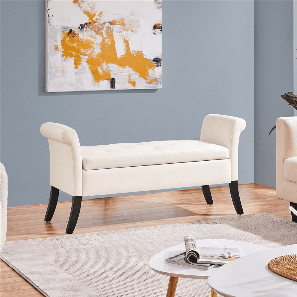 Yaheetech Modern Fabric Tufted Storage Bench Cushioned Ottoman Bench with Rolled Arms, Fresh White