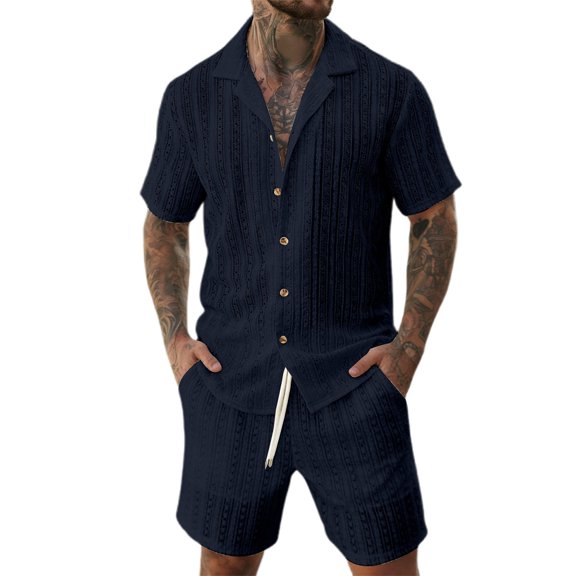 IWRICH Men's 2 Pieces Outfits Summer Beach Set Short Sleeve Button down Shirts and Shorts 2 Piece Loose Fit Hawaiians Sets Navy XL
