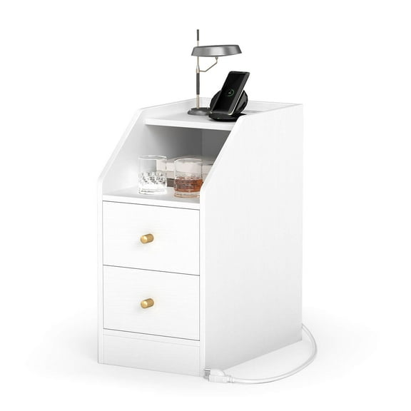 Costway Side Table with Charging Station, Storage Drawers, Sofa Couch Table for Small Space White