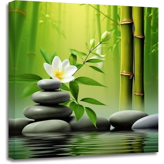 ZHONGYUTONG Green Bamboo Pictures Zen Wall Art Stone Flower Water SPA Canvas Prints Meditation Yoga Paintings Wall Decor for Bathroom Still Life Artwork (12.00" x 12.00")