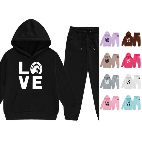 Huowey Little Girls Clothes Fall Outfits Long Sleeve Hoodie Sweatshirt Pants 2 PC Set Elastic Waist Loose Fit Letter Graphic Winter School Outdoor Casual Everyday Wear Lovely Outfit,Black,2-3 Years