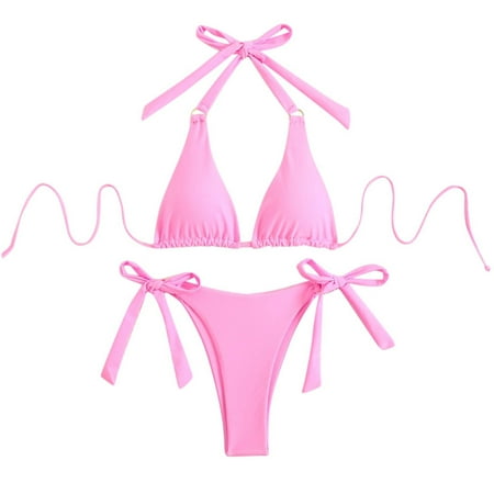 ZQGJB Women Halter Bikini Set - Adjustable Spaghetti Strappy Two Piece Triangle Swimsuit Side Tie Thong Bathing Suit 2025 Cute Swimwear(Pink XL)