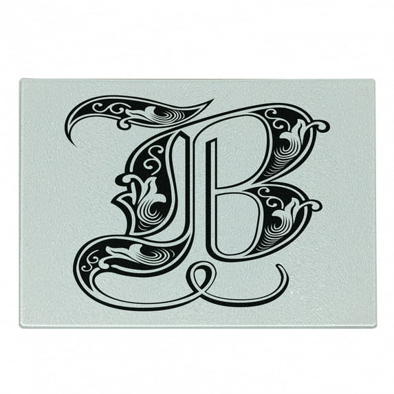 Letter B Cutting Board, Classical Designed Font with Ornamental Details Alphabet Typescript, Decorative Tempered Glass Cutting and Serving Board, Small Size, Black White, by Ambesonne