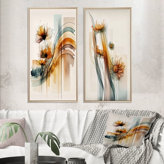 Designart "Hyperrealistic Orange Daisy Blooms II" Daisy Framed Wall Art Set Of 2 - Cream Floral Framed Canvas Set For Living Room Decor