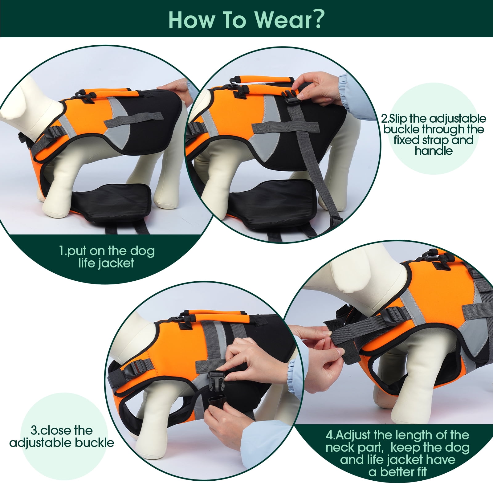 Kuoser Dog Life Jacket with Reflective Strips, Adjustable Life Vest for Small Medium Large Dogs, Orange, L