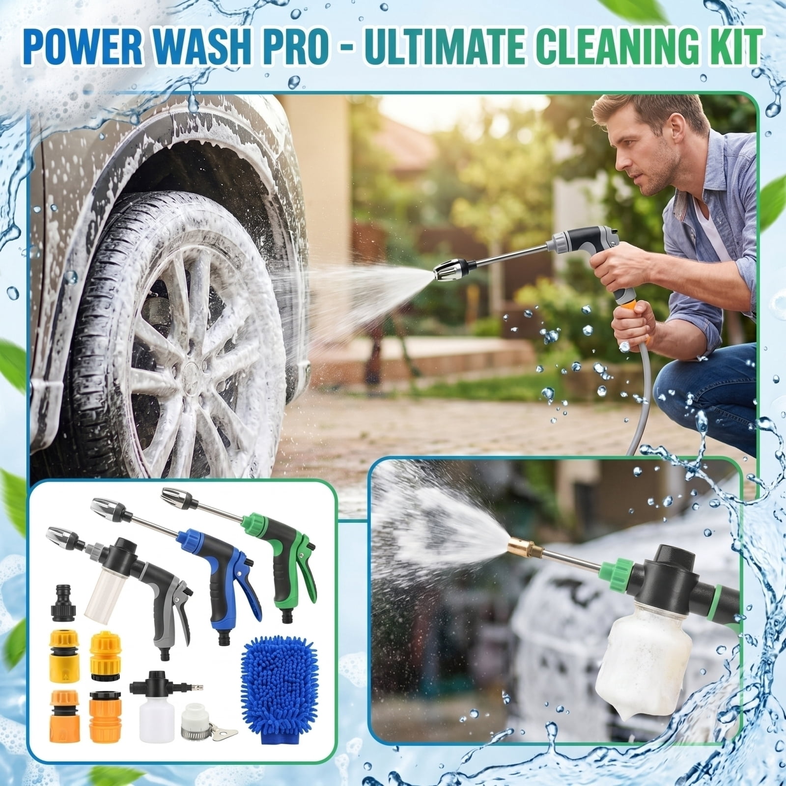 Jet Nozzle Power Washer for Garden Hose High Pressure Hose Nozzle Multi Function Water Sprayer for Lawn Yard Pets Car Cleaning Durable Plastic Design with Long Pole Gun and 3 Joints
