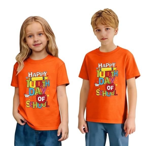 CUZIBR Boys Girls Graphic T-Shirt Print 100 Days Of School Letter Print Short Sleeve Casual Crewneck Tees For Kids Youth Soft Breathable Shirt Daily Wear Comfy Activewear,Orange,12-13 Years