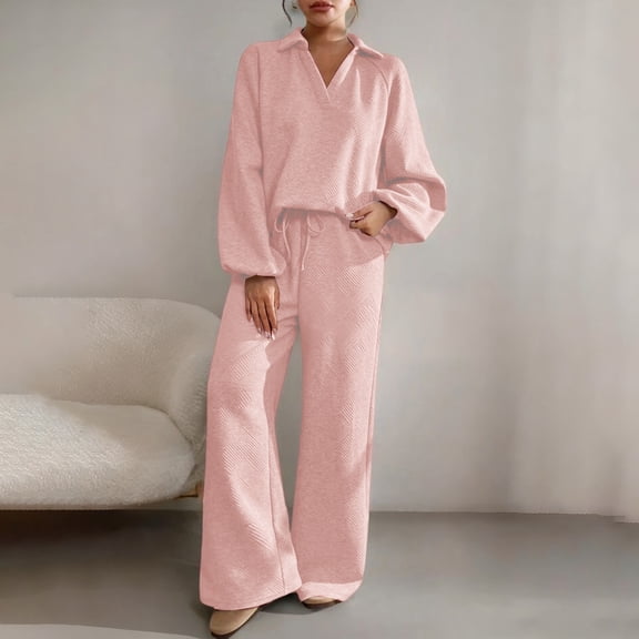 2 Piece Sweatsuits For Women Lapel V Neck Tops Drawstring Elastic Waist Wide Leg Pants Casual Sports Stylish Sets (XL, Pink)