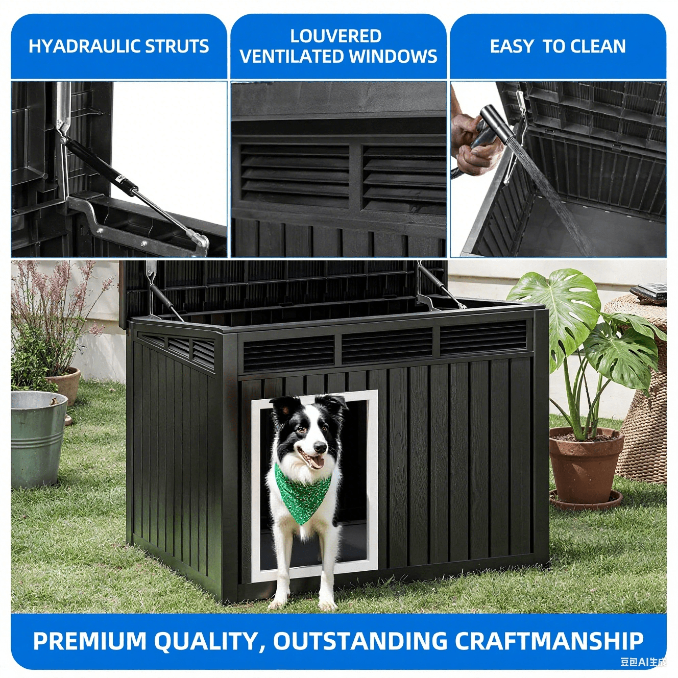 FICARTS Dog House for Both Indoor and Outdoor with Weatherproof Roof Removable Floors for Medium to Large Dogs Interior Space (Black, Medium(31.9"D x 24.8"W x 24.1"H))