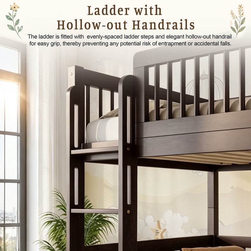 Twin-Over-Twin Size Convertible Kids Bunk Bed into 2 Platform Beds, Teens Wood Bed Frame with Ladder and Safety Guardrails