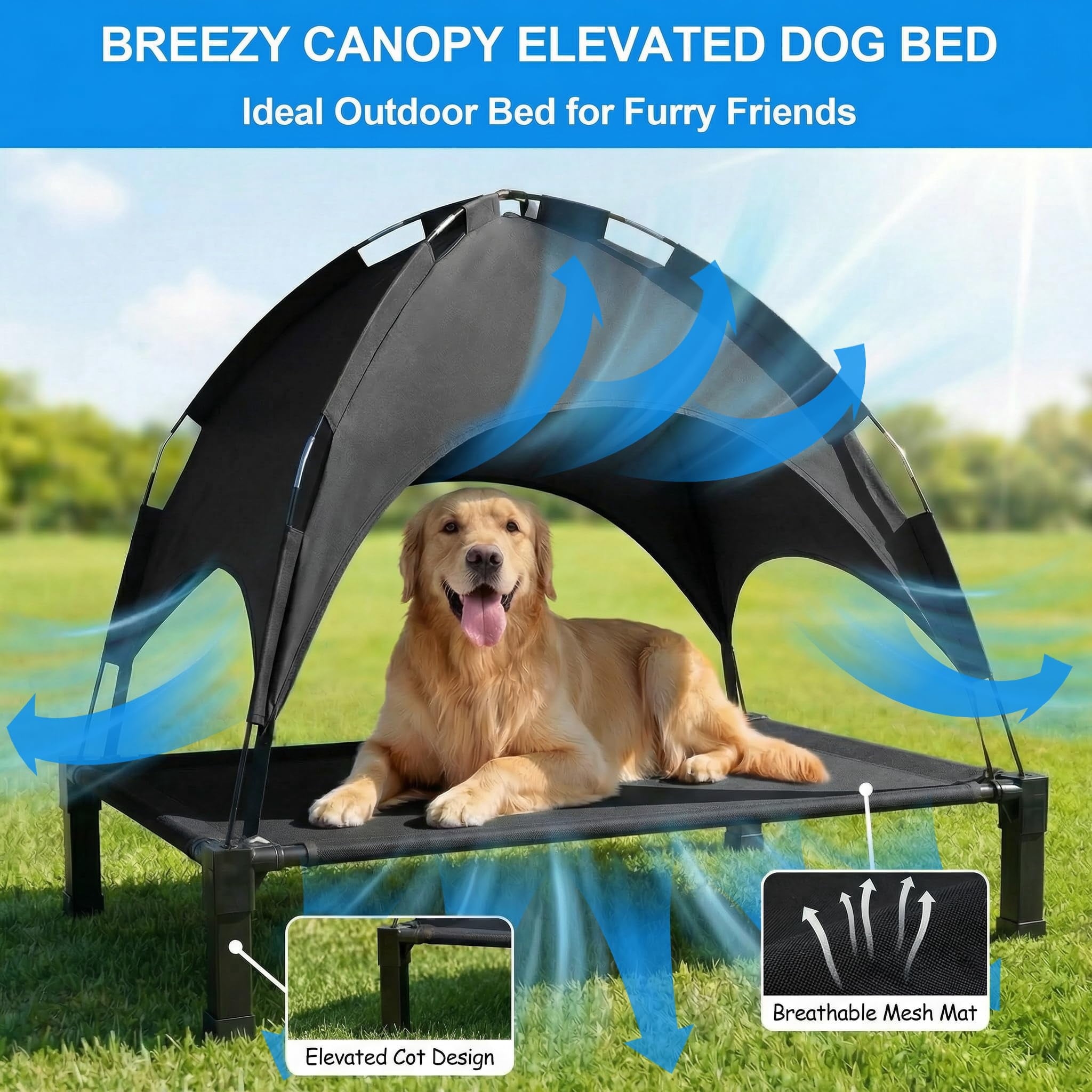 Elevated Dog Bed With Raised Pet For Large Dogs  Outdoor Removable Sun Shade Tent Breathable Mesh Portable Camping Beach Backyard Use
