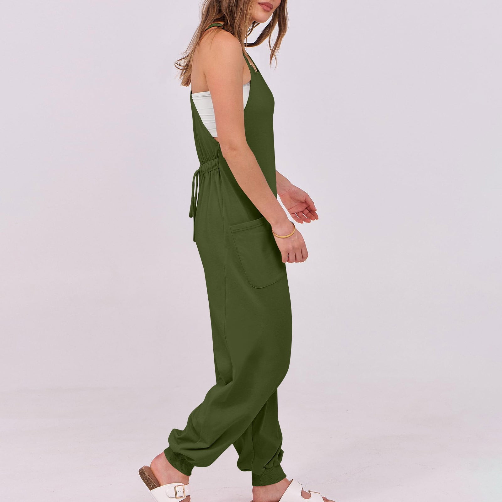 lcziwo One Piece Joggers Pants for Women 2025 Summer Sleeveless Straps Yoga Workout Jumpsuit Solid Casual Elastic Bottom Overalls with Pockets Prime Sales Today Clearance