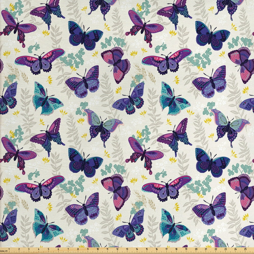 Butterfly Fabric by the Yard, Garden Scene of Plants Leaves and Tender ...