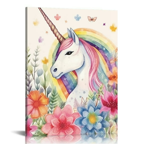 Creowell Unicorn Wall Art for Girls Bedroom Wall Decor Colorful Rainbow Unicorn Pictures Kids Room Decor Watercolor Pink Floral Balloon Canvas Painting Children Bathroom Home Decor 16x20 in/12x16 in