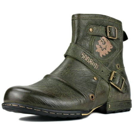 

OSSTONE Moto Boots Chukka Boots for Men Fashion Zipper-up Leather Casual Shoes 5008-1-AS-8.5 Dark Green