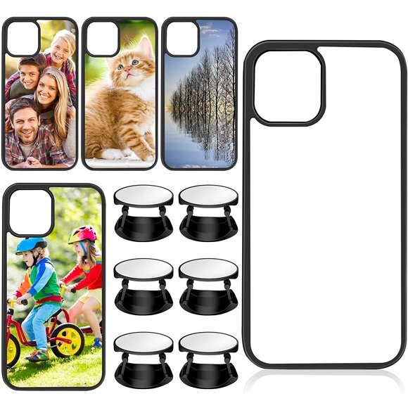 10 Sublimation Sets, 5 Pieces Sublimation 2D Phone Case Covers Soft Rubber Anti-Slip Compatible with Apple iPhone 12/12 Pro with 5 Set Blank Sublimation Phone Holders for DIY Phone Case Grips (Black)