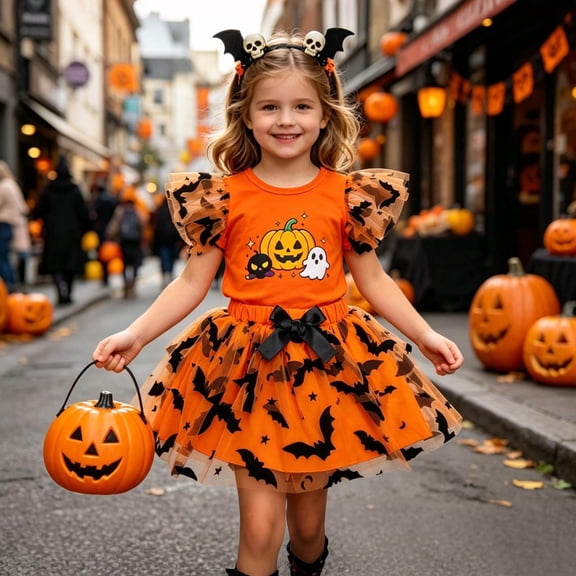 MEZZALL Child Toddler Girls Halloween Fly Sleeve Cartoon Pumpkin Prints Tops T Shirt Skirts Outfit Sets Round Neck Relaxed Fit Clothes Sets