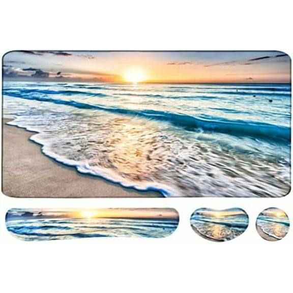 4-in-1 Large Gaming Mouse Pad, Keyboard Wrist Rest Pad & Wrist Support Mousepad Set, Extended Desk Pad Waterproof Desk Mat for Home Office Study Game-Beach