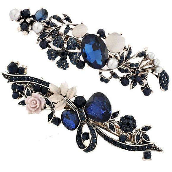 Suoirblss 2 pasadores de pelo vintage de metal con flores y mariposas, clip francés con diamantes de imitación brillantes, clip para el pelo de cristal sintético, pasador para el pelo de primavera