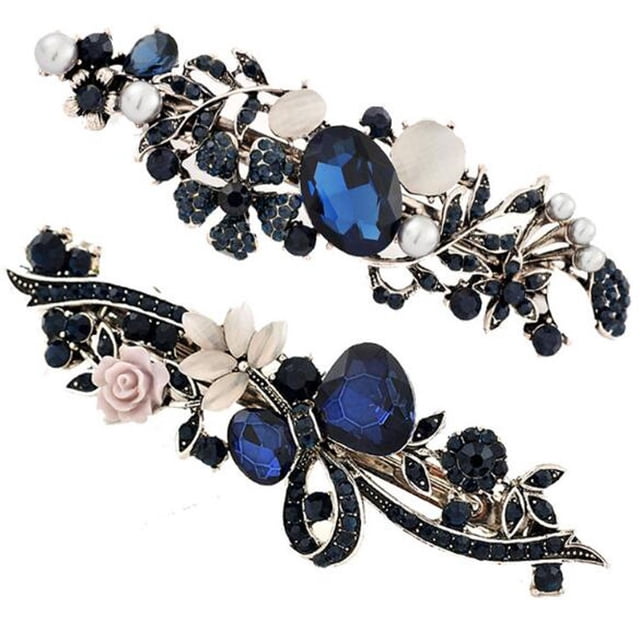 Suoirblss 2 pasadores de pelo vintage de metal con flores y mariposas, clip francés con diamantes de imitación brillantes, clip para el pelo de cristal sintético, pasador para el pelo de primavera
