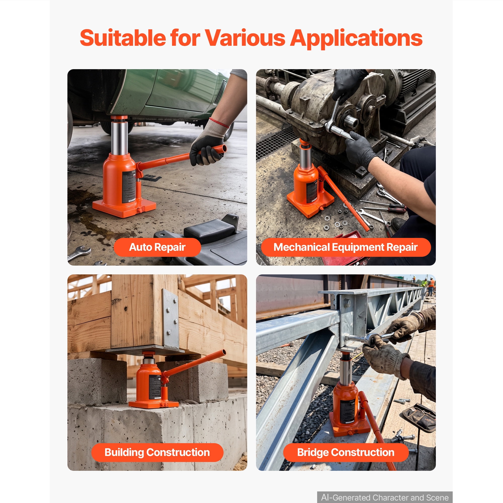 KFFKFF Hydraulic Bottle Jack 12 Ton (26455.5 lbs) with 5.98"-10.71" Lifting Range, Suitable for Heavy-Duty Vehicles, Medium Trucks, Durable Welded Design with 3-Section Long Handle, Orange
