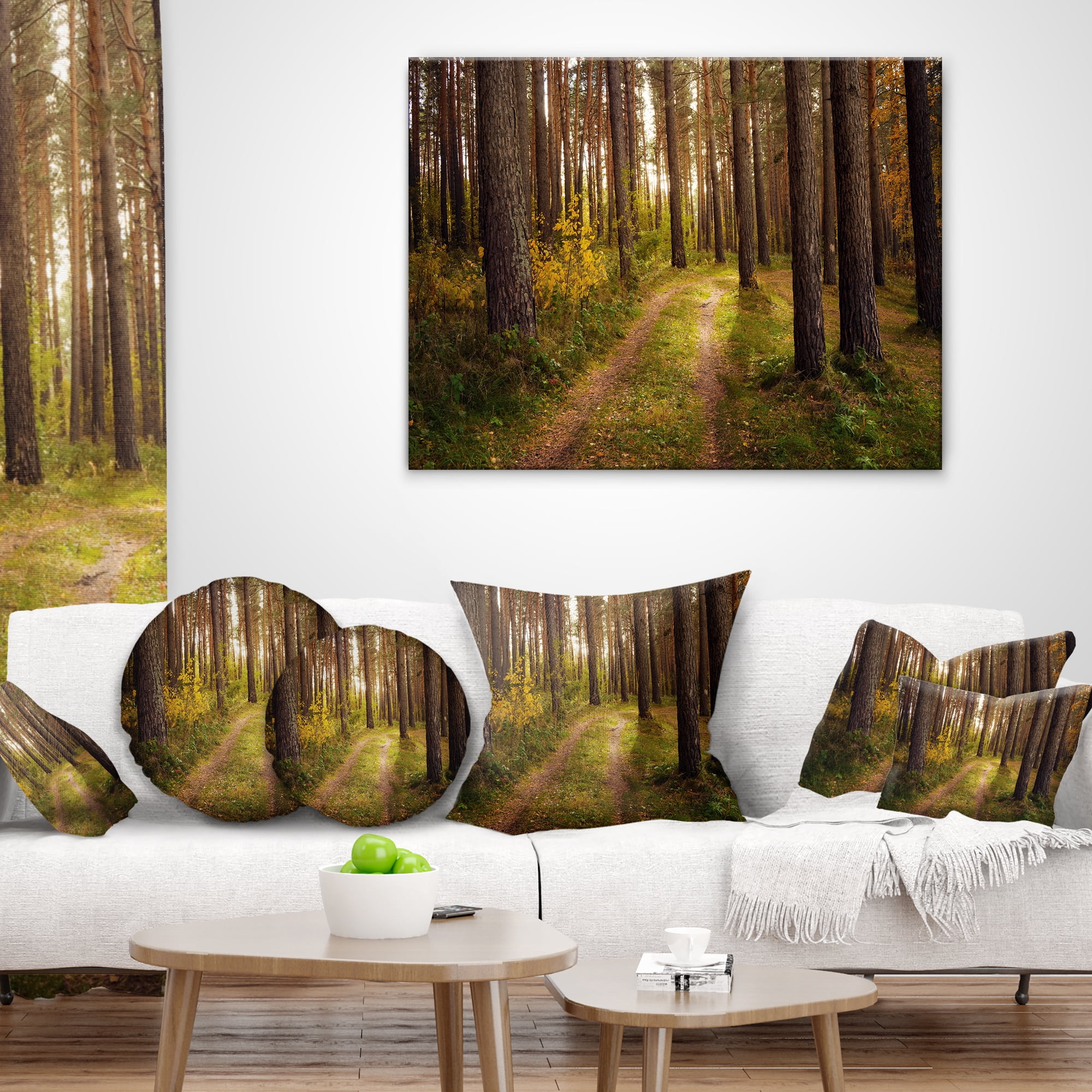 Designart Road through Thick Fall Forest - Modern Forest Throw Pillow - 16x16