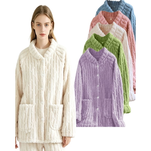 APEXFWDT Women's Flannel Bed Jacket Loungewear Coat Fleece Warm Winter Button-Down Sleep Jacket with Pockets,XL,Beige