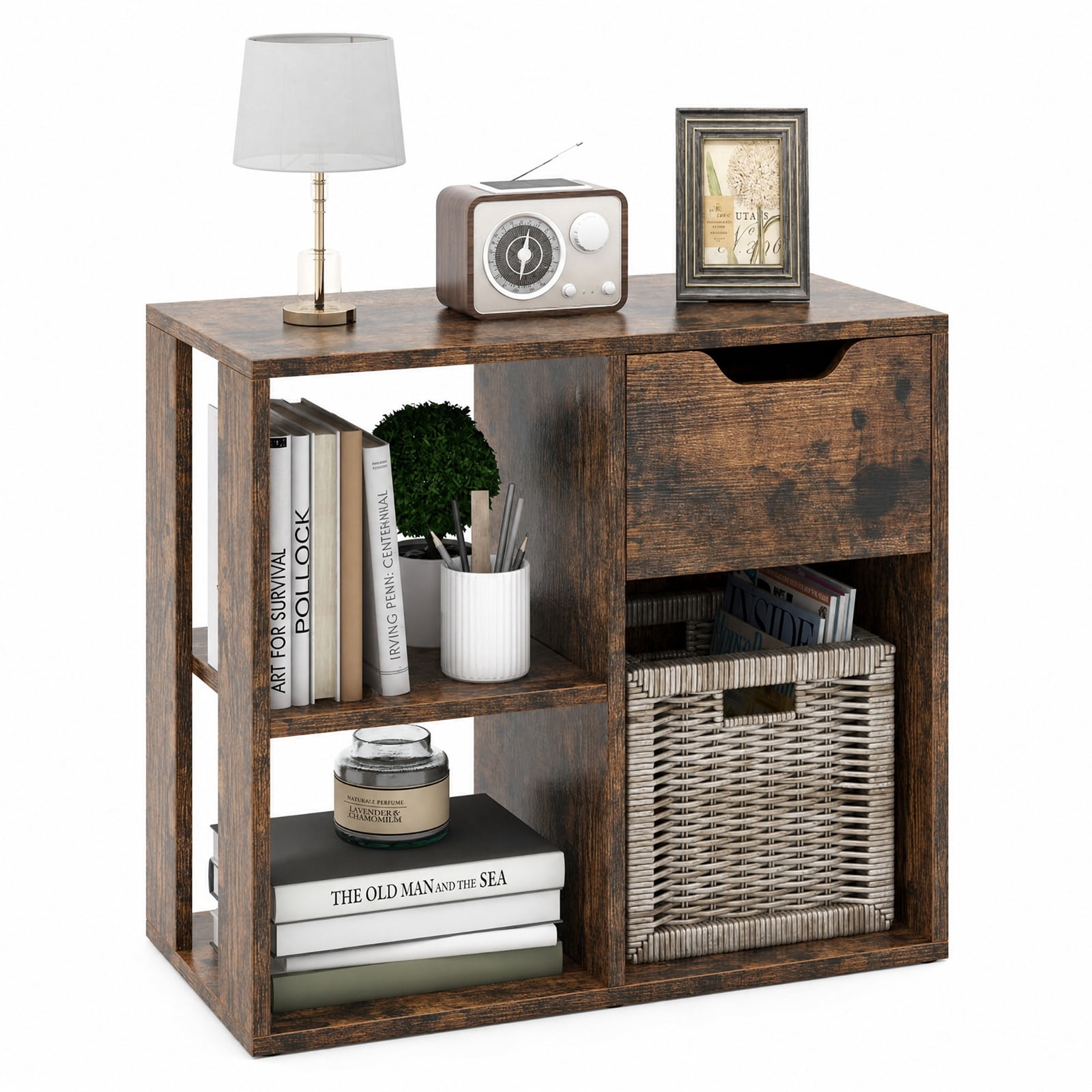 Furnibear 3-Cube Bookcase 2-tier Wooden Storage Shelf with Pull-out Drawer for Living Room Home Office Bedroom Display Storage Shelf, Brown