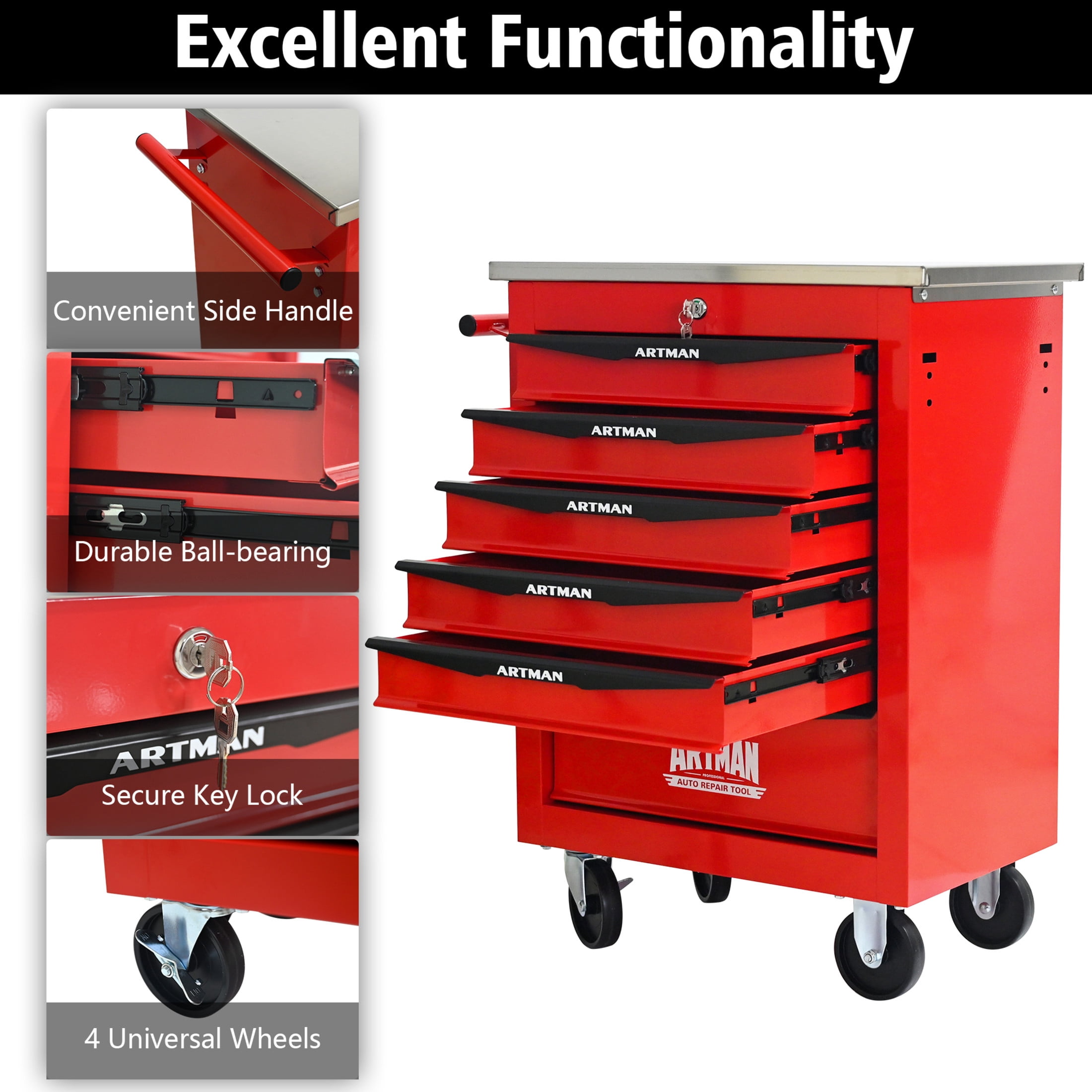 Noble House 6-Drawer Rolling Tool Organizer Cart, Steel Mobile Chest Storage with Worktop for Garage Workshop, Red