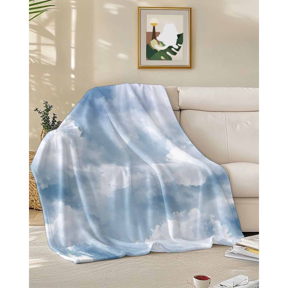 Fleece Blanket Watercolor White Cloud Blankets, Soft Cozy Warm Flannel Throw Blanket, Pastoral Sky Scenery Blanket for Bed Couch Sofa,50x60In