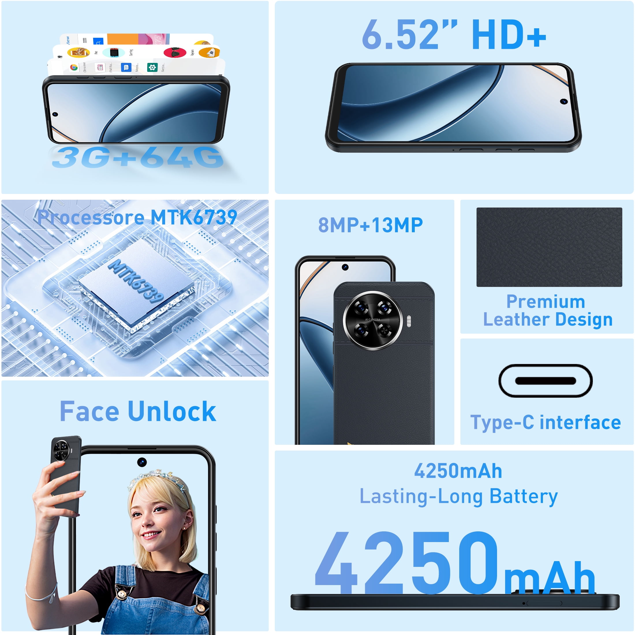 XGODY X31 4G Only T-Mobile Unlocked Android Phone, 64GB Unlocked Cell Phones,6.528" Smartphones, 4250mAh Battery, Navy Blue