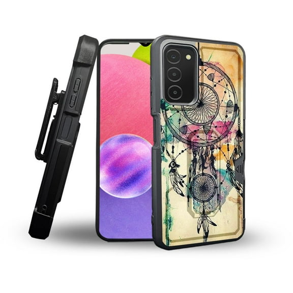 ANJ  Rugged Shockproof Holster Case Card Slot Kickstand   Tempered Glass Cover for Samsung Galaxy A03s - Abstract Dreamcatcher