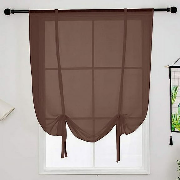 XmhyTop Solid Color Sheer Voile Window Curtains Light Filtering Tie Up Shade Adjustable Balloon Drapes Treatment for Small Window,1 Panel ,39" x 47",Coffee