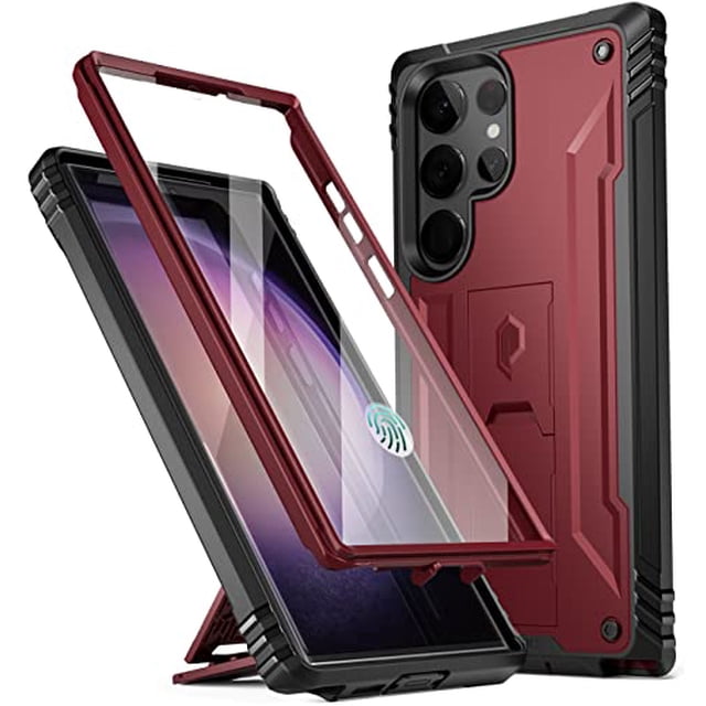 Poetic Revolution Case for Samsung Galaxy S23 Ultra 5G 6.8 inch, Heavy Duty Full Body Cover with Kickstand, Maroon Red