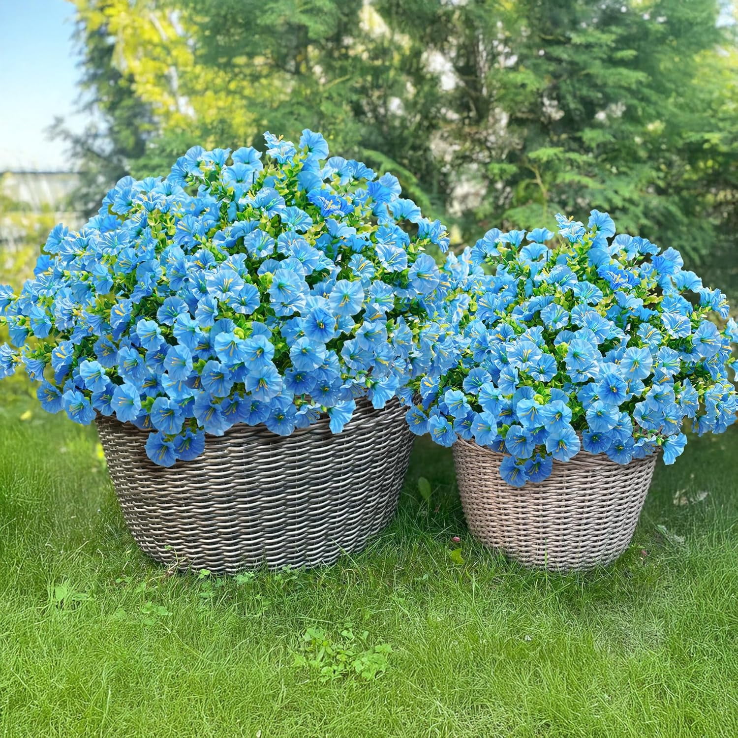 Artificial Fake Outdoor Plants Flowers for Summer Decoration, 12 Bundles Silk Blue Morning Glory Eucalyptus Realistic UV Resistant Faux Flowers for Outside Planter Front Door Porch Garden Yard Patio