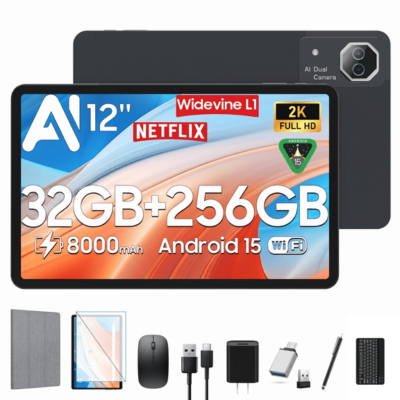 12 inch Tablet,Android 15 Tablets with 256GB ROM,Helio G99 Octa-Core for Gaming,5G WiFi Tableta,2K Display,2TB Expand,8000mAh,Quad Speaker,Dual Camera,AI,Widevine L1,GPS,Android Tablet with Keyboard