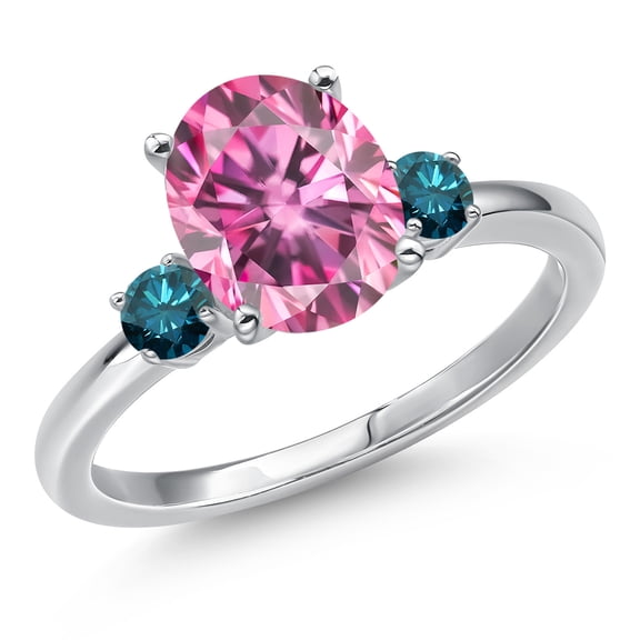 Gem Stone King 14K White Gold Pink Moissanite and Blue Diamond Engagement Ring for Women | 3.02 Cttw | Oval 10X8MM | Gemstone Birthstone | Size 6