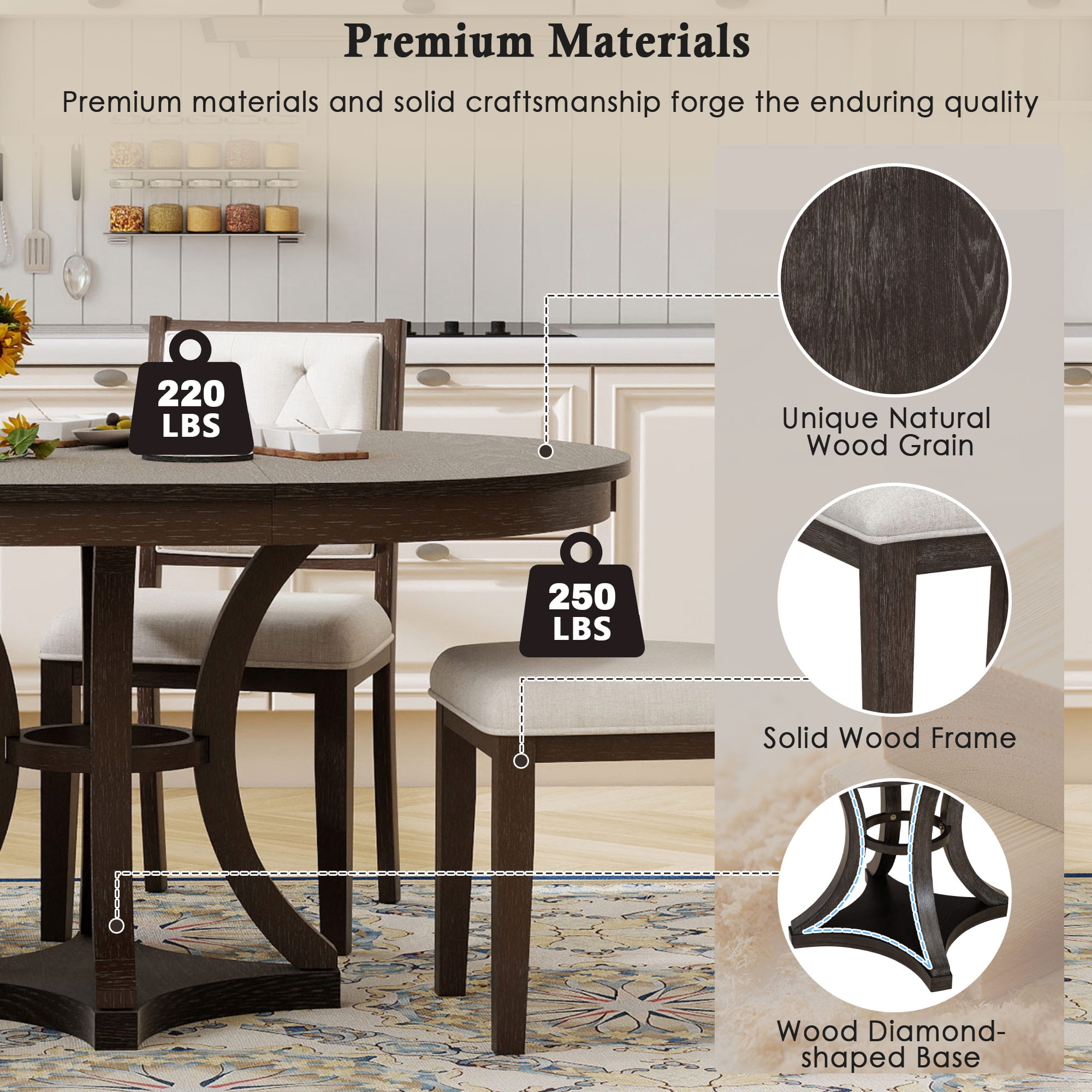 Mintazer 5 Piece Extendable Round Dining Table Set, Retro Expandable Dining Set with Round Table & 4 Tufted Upholstered Chairs for Living Room Dining Room, Espresso