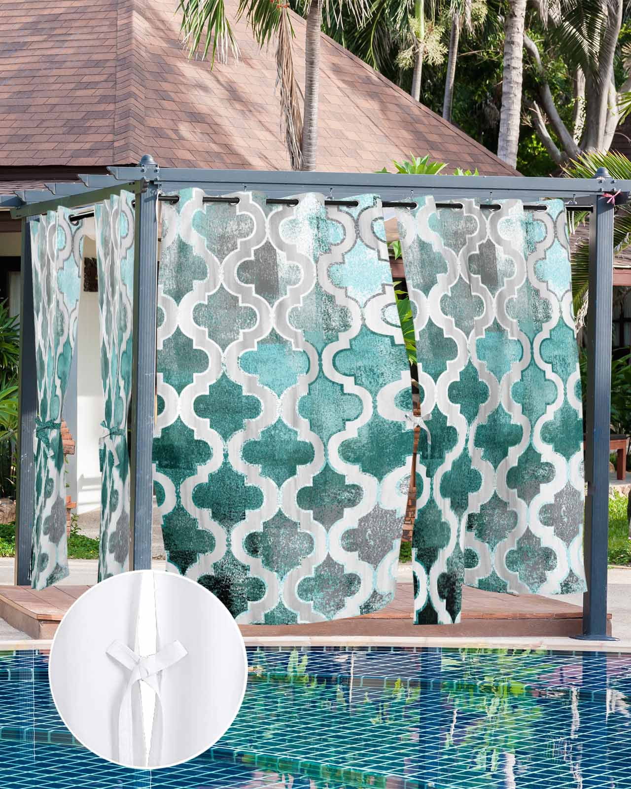 nqOlkjepod Outdoor Curtains for Patio Waterproof, Turquoise Morocco Outdoor Privacy Panels Grommet, Grey Ombre Retro Mottled Painting Art Blackout Outside Curtains for Porch/Cabana 54"x95", 1 Panel