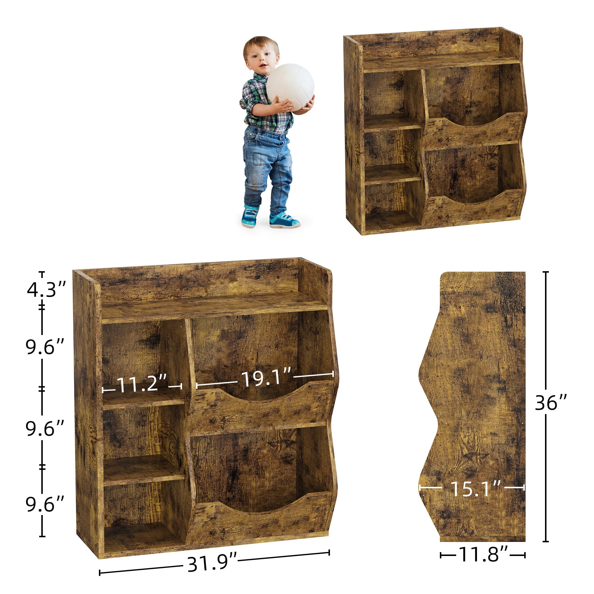 Kids 3-Tier Toy Storage Organizer Kids Bookshelf Double Side Toy Shelf White/Retro/Grey- 5 Compartment Bookshelf & Toy Shelf for Kids' Room, Bedroom, Living Room, and Kindergarten - for Toys and Books