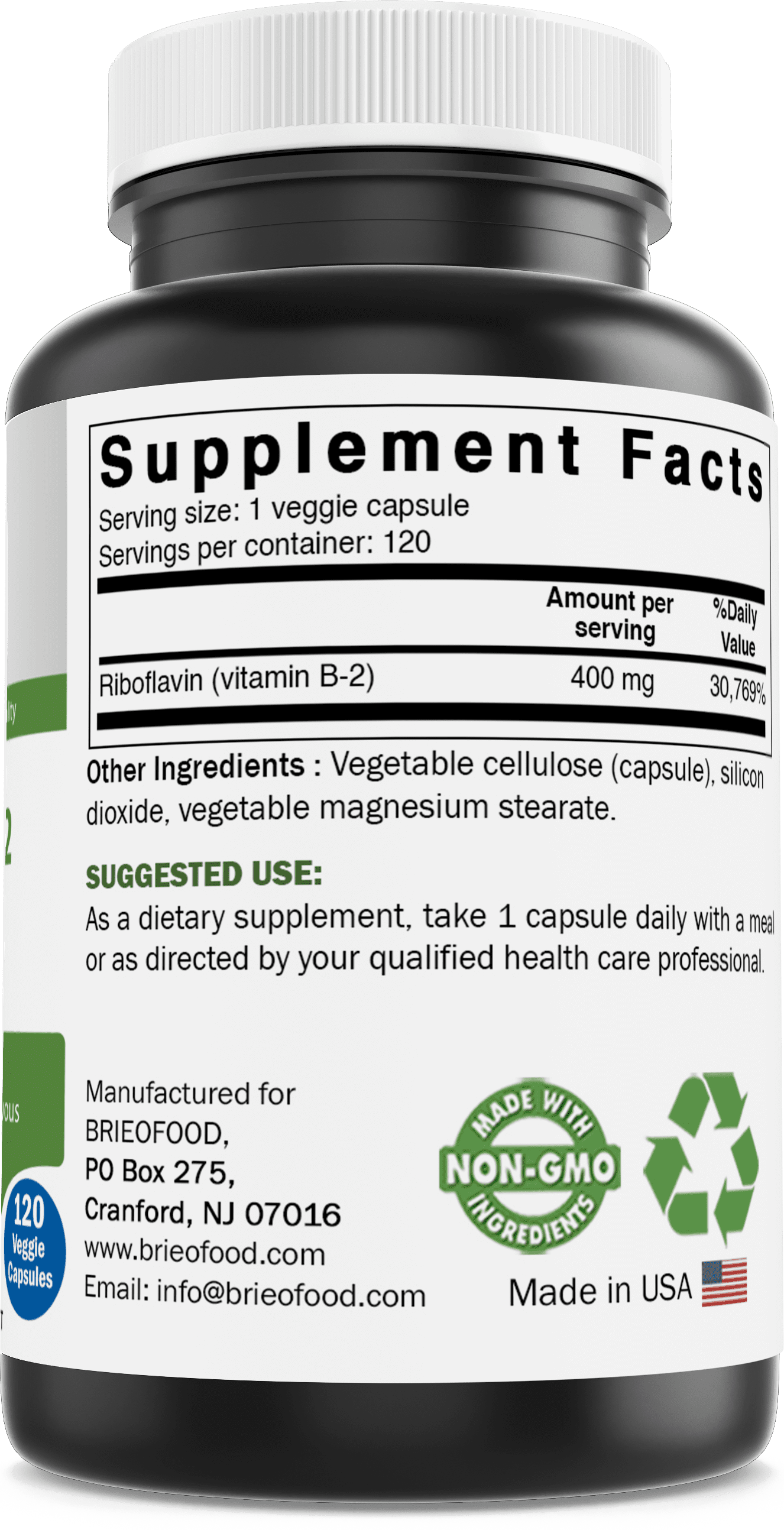 (3 pack) Brieofood Vitamin B2 (Riboflavin) 400mg, 120 Veggie Capsules - Gluten Free, Non-GMO