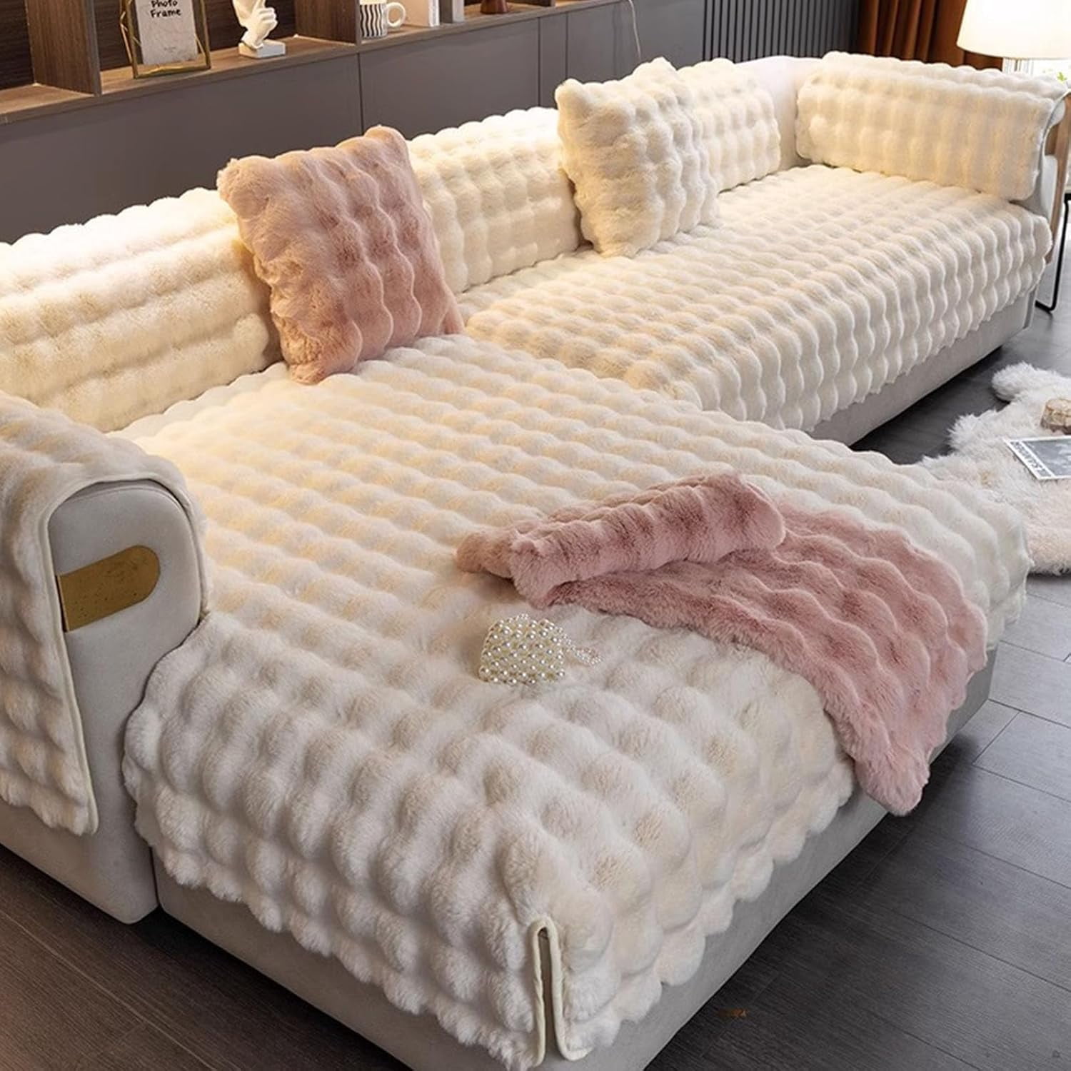 Thick Rabbit Plush Sofa Covers,Non Slip Faux Fur Sofa Cover for Living Room, Furniture Protector Fluffy Slipcovers for L Shape Sectional Sofa Slipcover