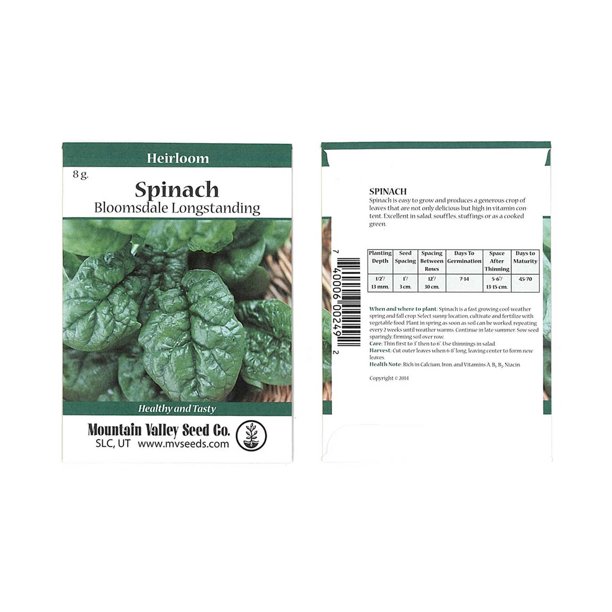 Bloomsdale Spinach Seeds Long Standing 8 g Packet Heirloom, Non