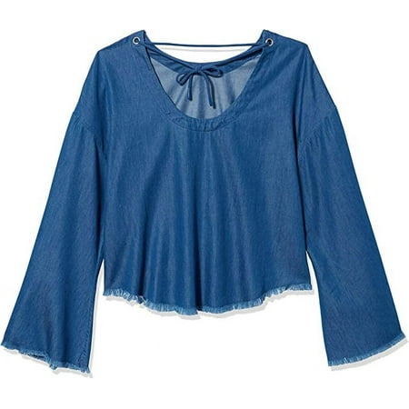 KENDALL + KYLIE Women's Frayed Chambray Top, Medium Wash, Medium