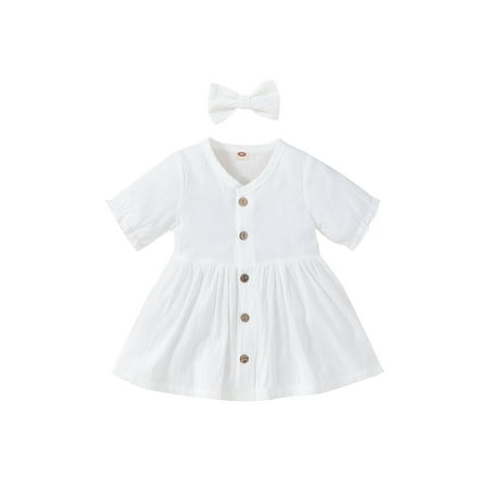 

Suanret Children Girls Summer Dress Toddlers Infants Solid Color Button Closure Short Sleeve Causal Skirt with Bow Hairpin White 6-12 Months