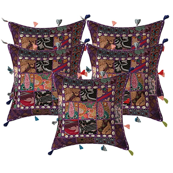 Stylo Culture Indian Sofa Throw Pillow Covers 17x17 Embroidered Patchwork Cowry Sea Shell Tassels Purple Bohemian 43cm x 43cm Bed Room Cotton Floral Square Cushion Covers | Set Of 5