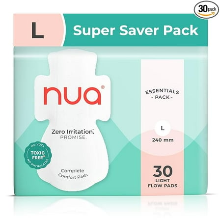 Nua Complete Comfort Sanitary Pads for Women L | Pack of 30 | Light Flow Pads | Super Saver