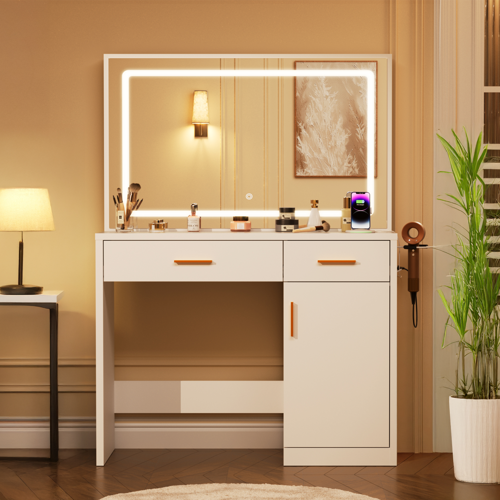 JIOABL Vanity Desk with Mirror and Lights, Makeup Vanity Table with Hair Dryer & Power Outlet, 2-Drawer Dressing Table for Bedroom,White